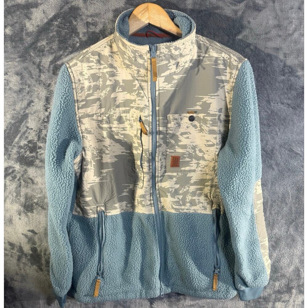 Topo Designs Subalpine Printed Sherpa Fleece Jacket Mens Medium Blue Sand Camo